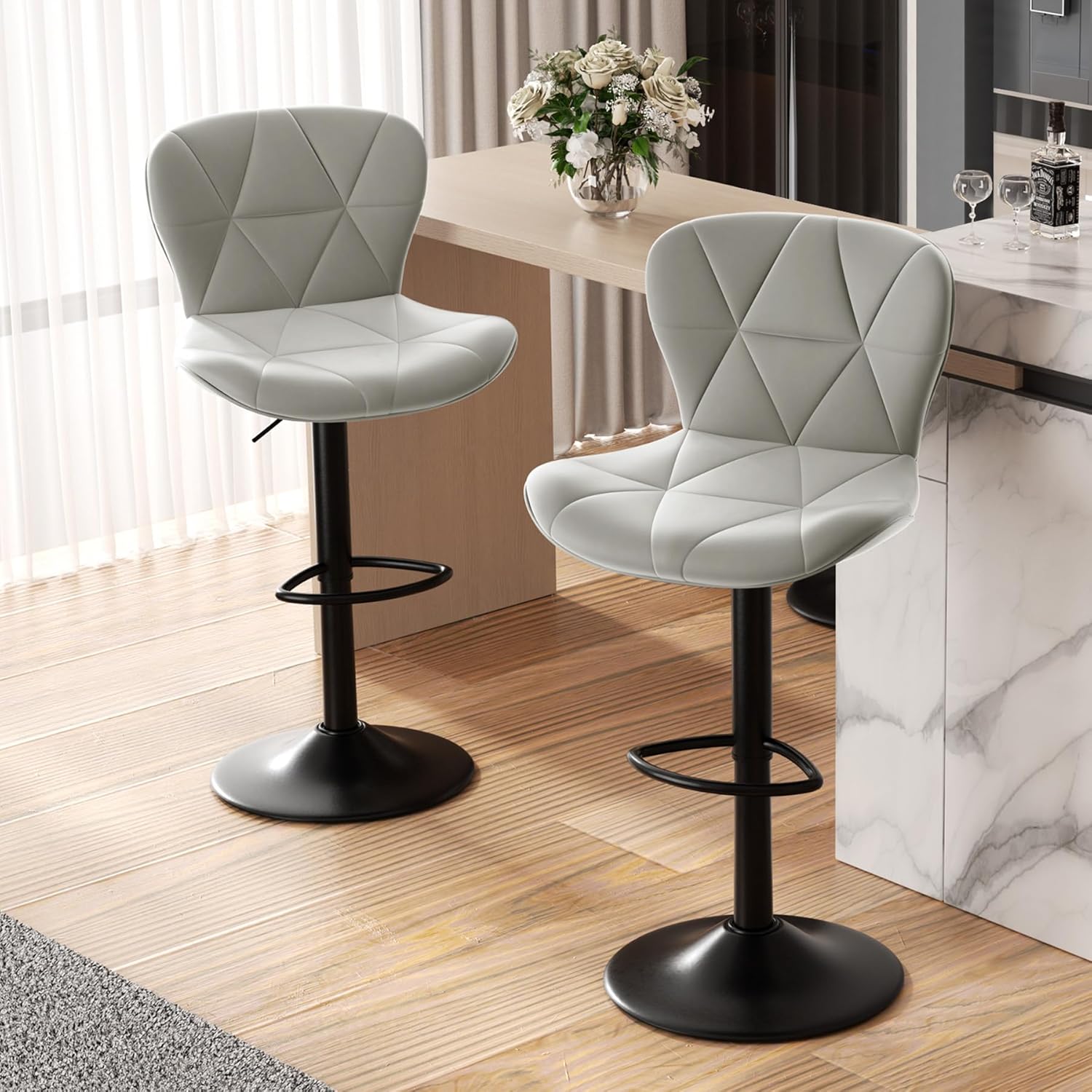 Nalupatio Modern Bar Stools Set of 2, Adjustable Faux Leather Upholstered Swivel Bar Stools, Counter Height Bar Chairs with Back for Kitchen Island, Black