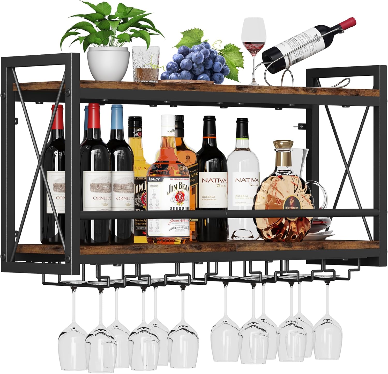 Homeiju Wall Mounted Wine Rack, Bottle & Glass Holder Wood-Metal Retro Wine Rack, Wine Bottles Display Wall Storage for Kitchen Dining Room Home Bar