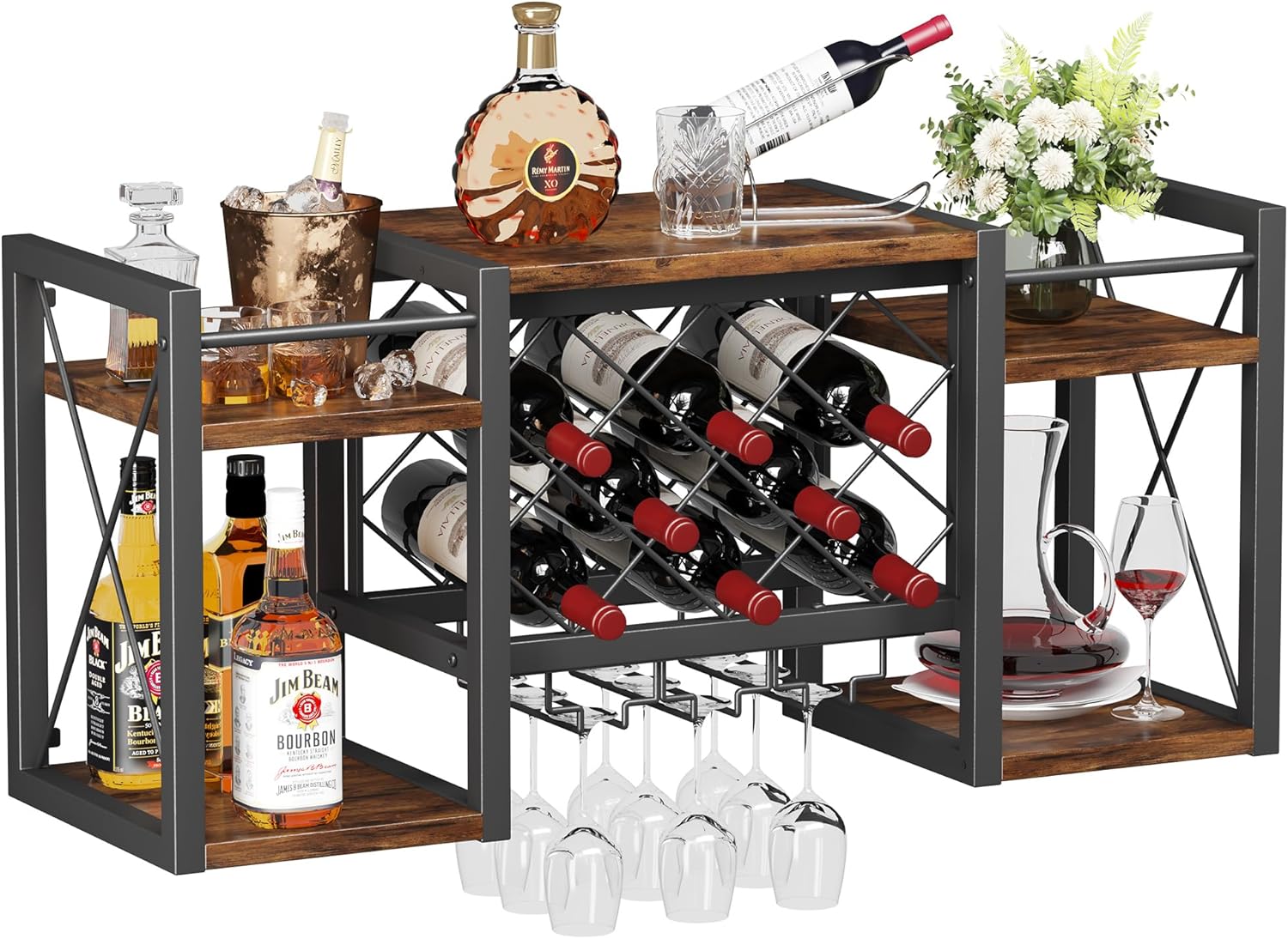 Wall Mounted Wine Rack with Glass Holder, Wood-Metal Retro Bar Shelf, Wine Bottles Display Wall Storage for Kitchen Dining Room Home Bar