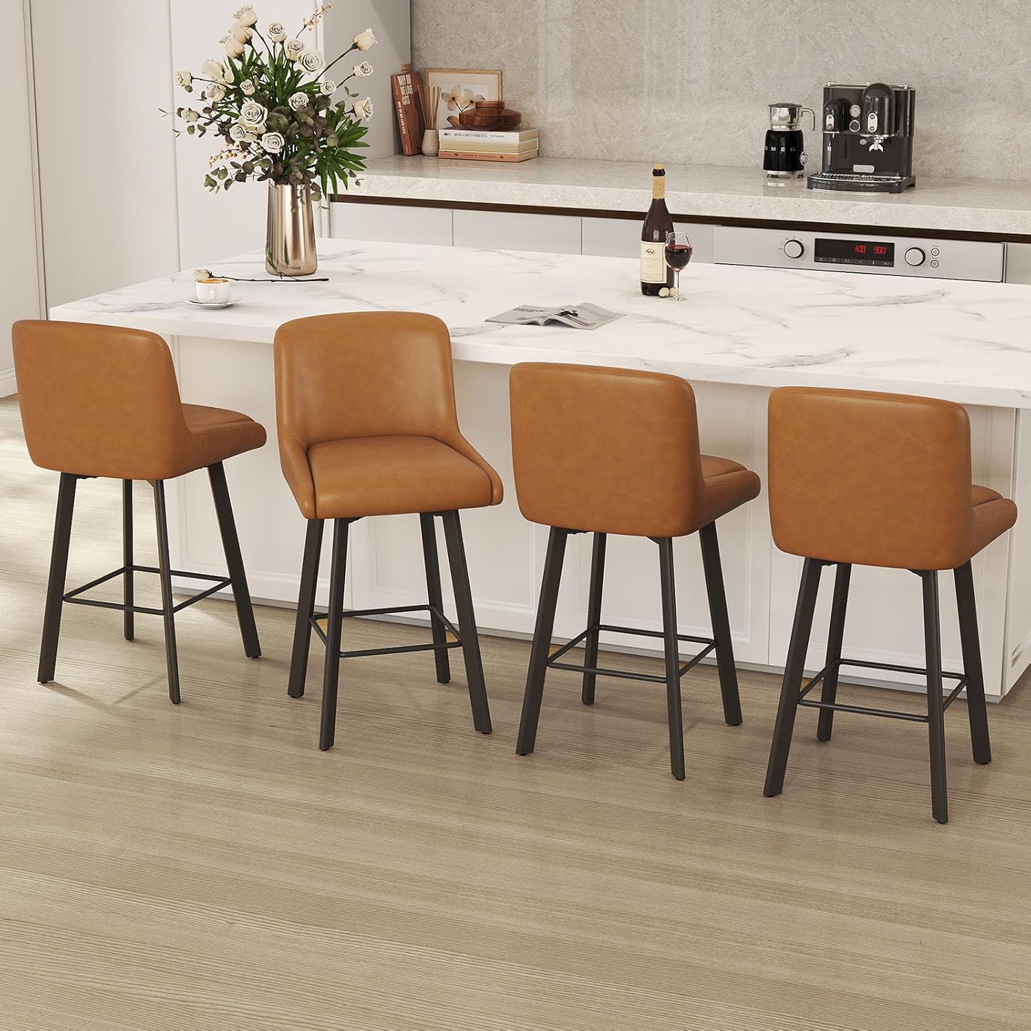 Swivel Bar Stools Set of 2, 26''H Upholstered Barstools with Backs, Modern Counter Height Bar Stool Chairs for Kitchen Island, Metal Legs, Fabric, Gray Counter Stools