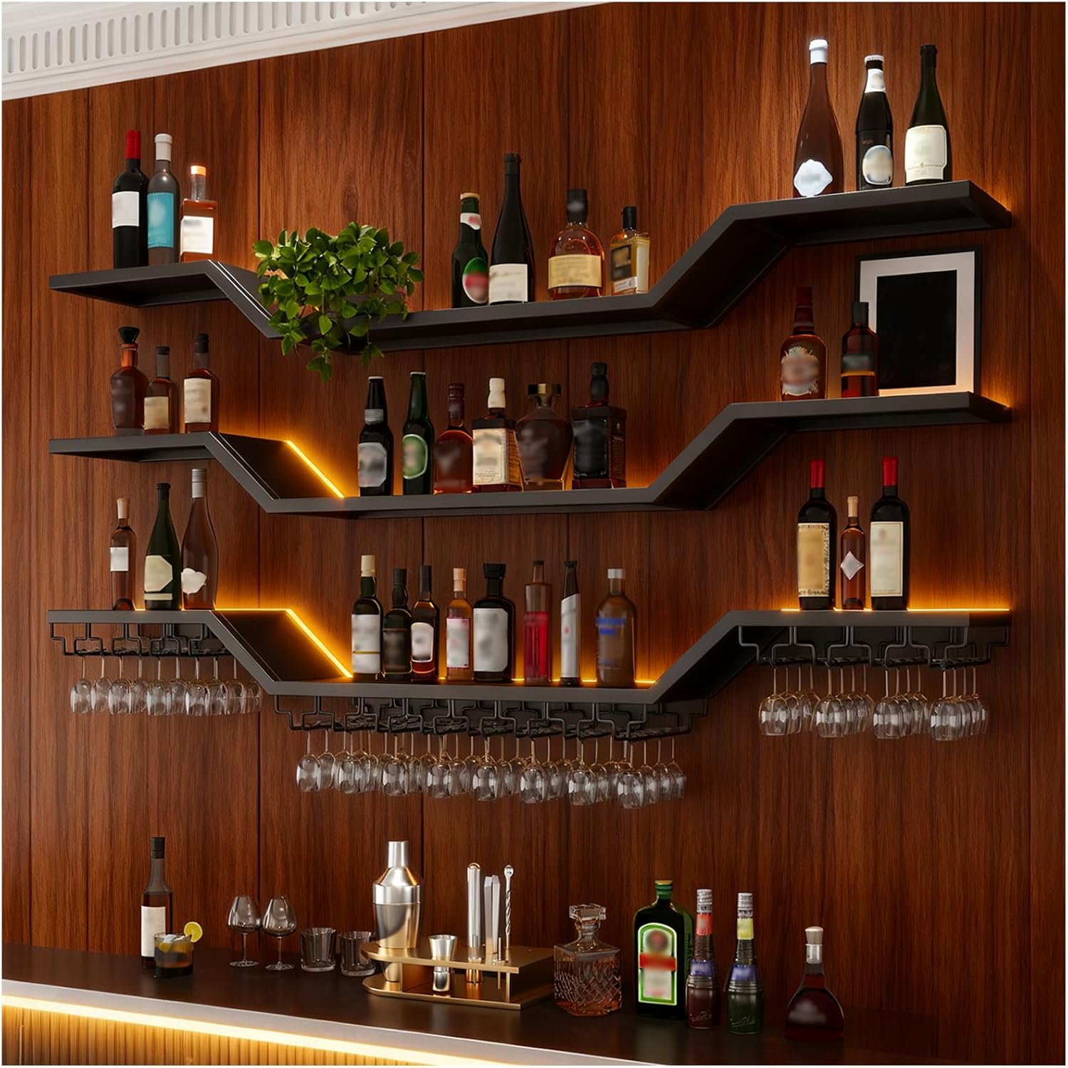39.4in Modern LED Wine Rack Wall Mounted, 3-Tier Floating Bar Shelves with Wine Glass Rack, Large Hanging Liquor Shelf Wall Mounted, for Home Bar Dining Room Cafe Decorative (Black, 39.4in/100cm)