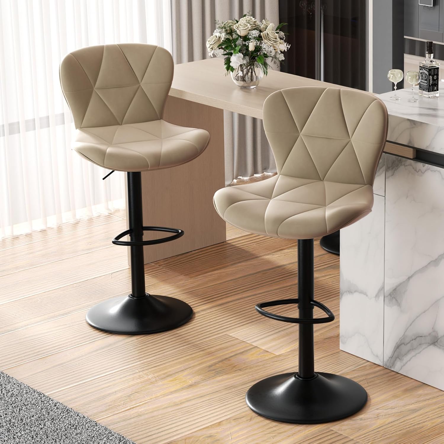 Nalupatio Modern Bar Stools Set of 2, Adjustable Faux Leather Upholstered Swivel Bar Stools, Counter Height Bar Chairs with Back for Kitchen Island, Black