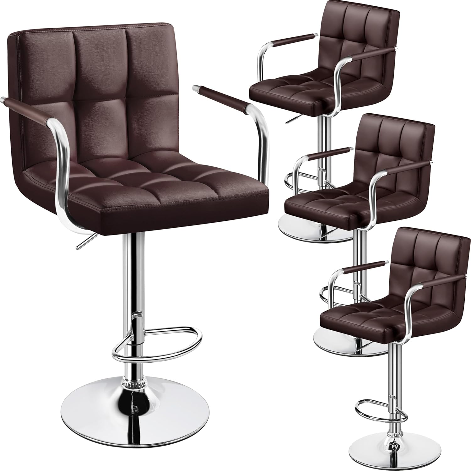 Yaheetech Bar Stools Set of 2, PU Leather Adjustable Swivel Barstools, Hydraulic Kitchen Counter Height Bar Chairs with Armrest and Back for Bar, Kitchen, Dining Room, Beige