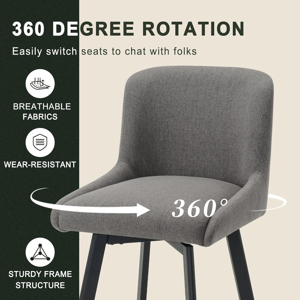 Swivel Bar Stools Set of 2, 26''H Upholstered Barstools with Backs, Modern Counter Height Bar Stool Chairs for Kitchen Island, Metal Legs, Fabric, Gray Counter Stools