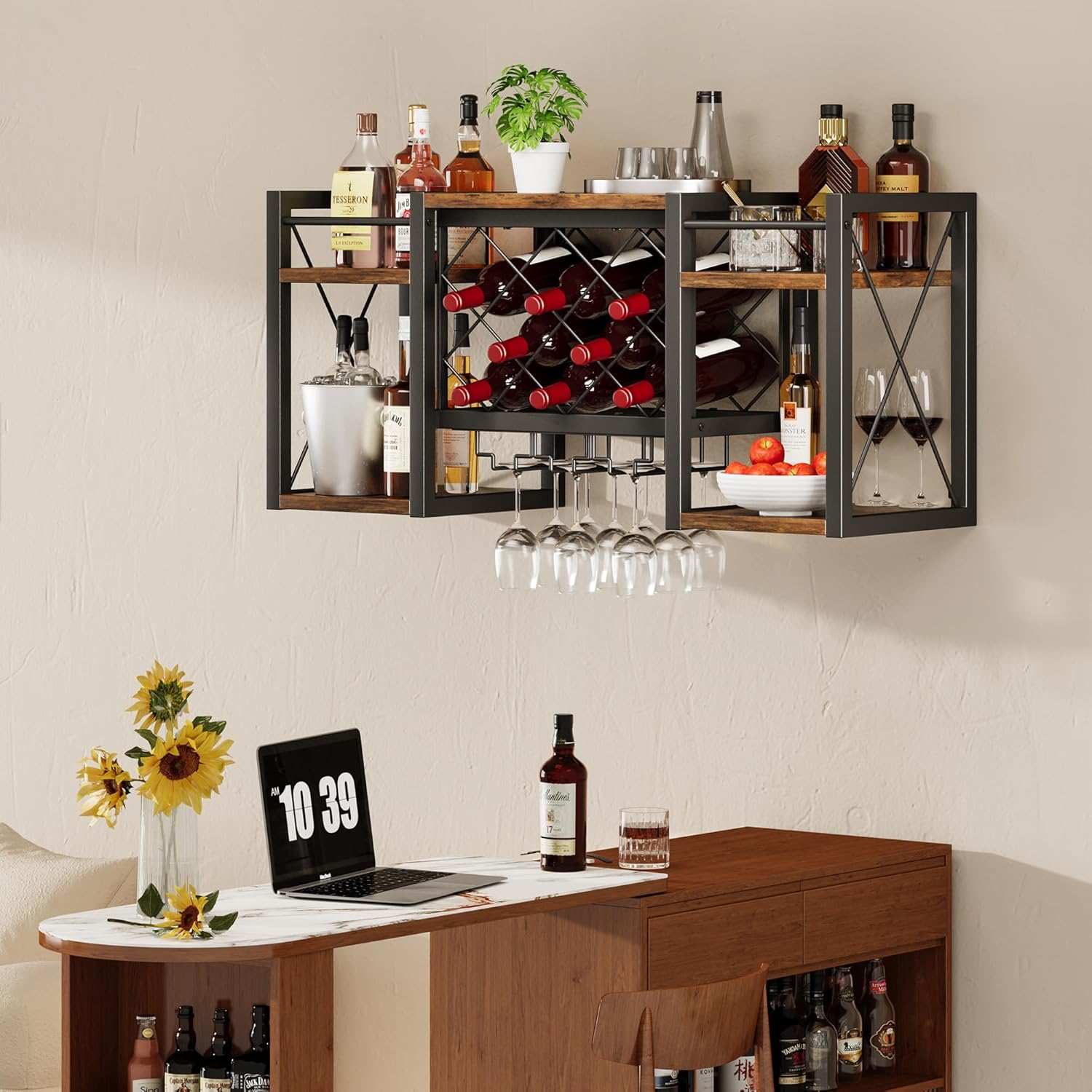 Wall Mounted Wine Rack with Glass Holder, Wood-Metal Retro Bar Shelf, Wine Bottles Display Wall Storage for Kitchen Dining Room Home Bar
