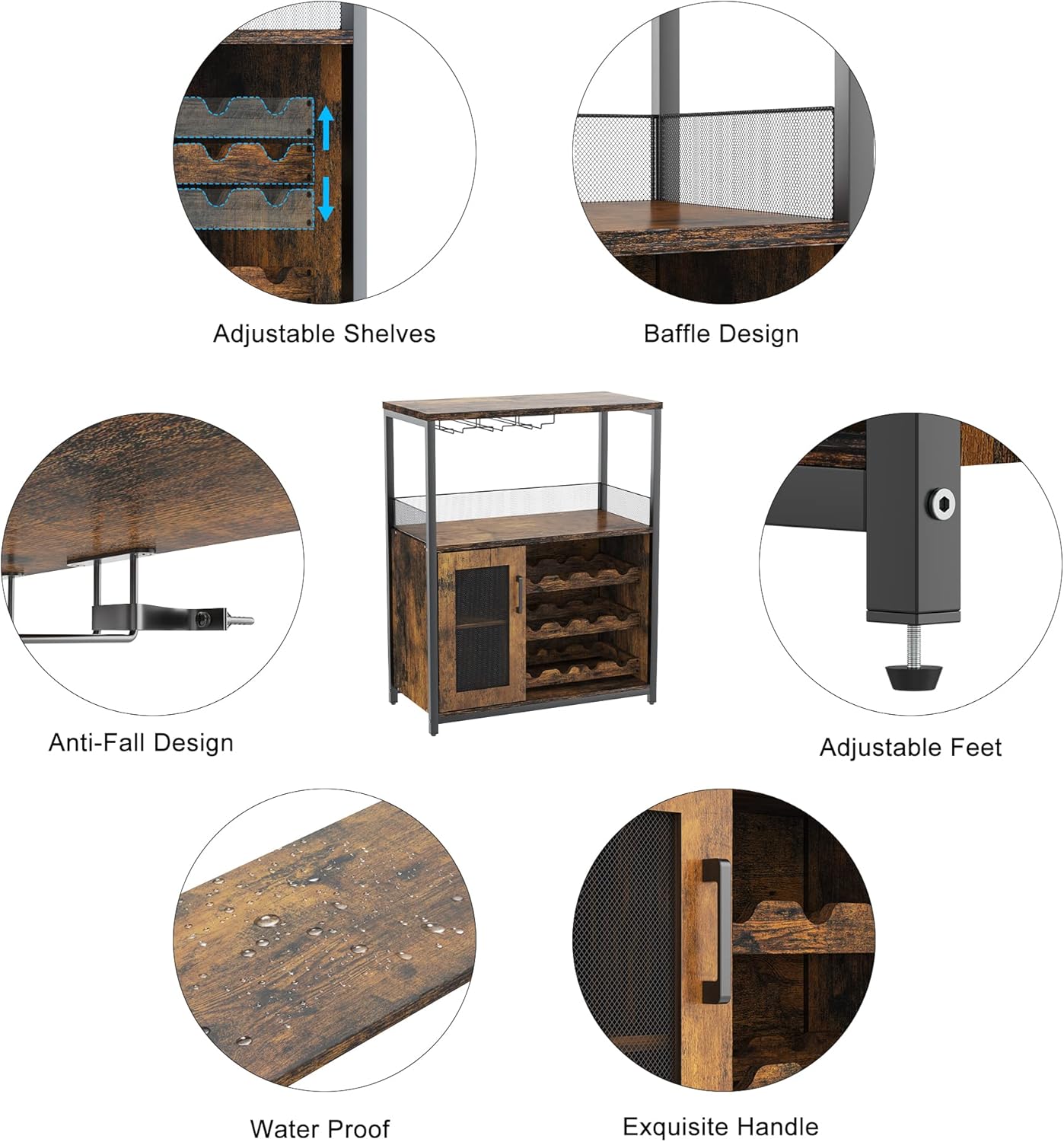 IDEALHOUSE 3-Tier Wine Bar Cabinet with Detachable Wine Rack and Storage Space, Buffet Cabinet with Glass Holder and Mesh Door, for Kitchen, Living Room and Bar (Rustic Brown)