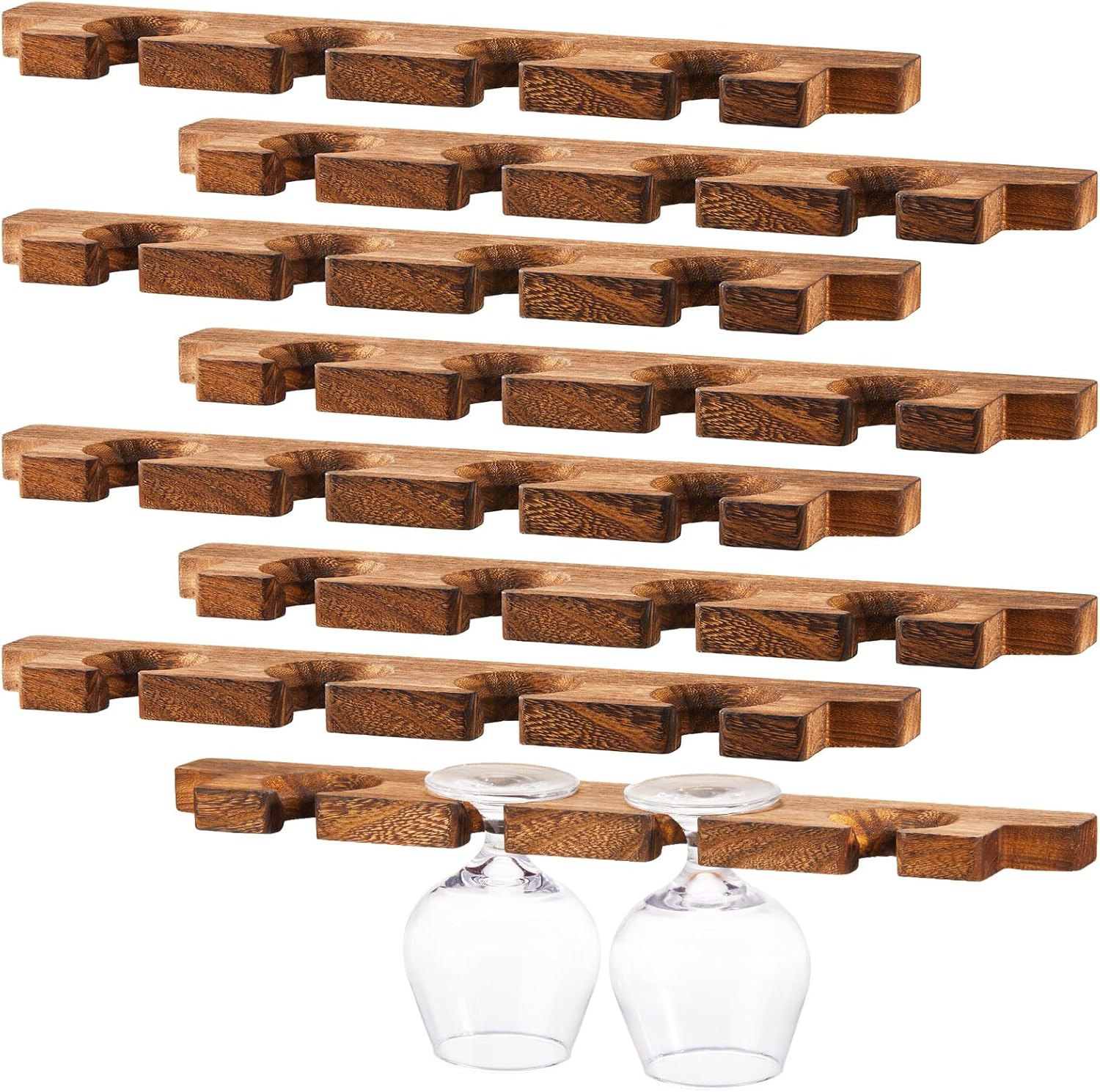 Ripeng 4 Pcs Wall Mounted Wood Stemware Rack Champagne Holder Rustic Wine Glass Hanging Shelf Wood Floating Glassware Wall Holder for Party Kitchen Bar Organizer 17 x 3 x 0. 8 Inch (Dark Brown)
