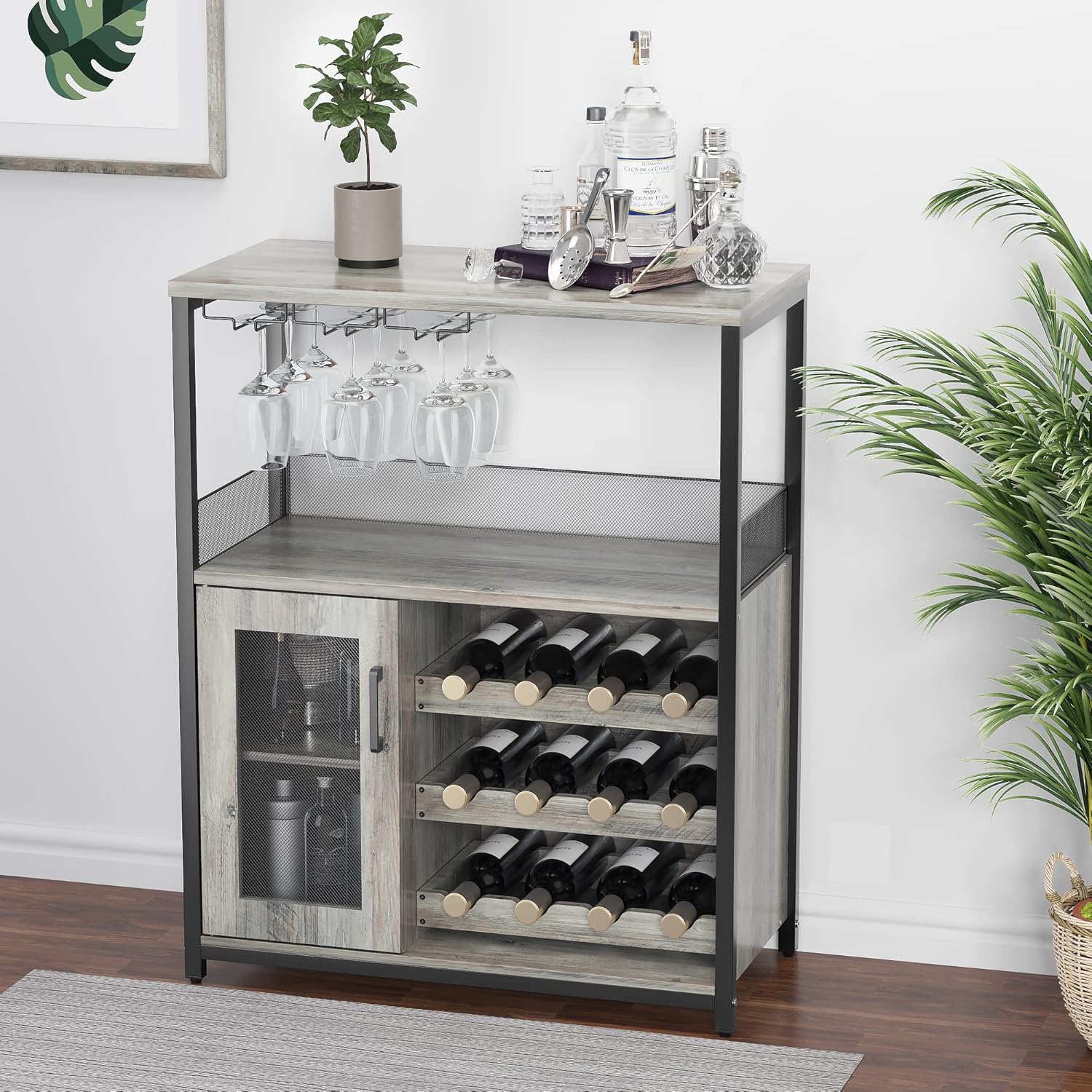 IDEALHOUSE 3-Tier Wine Bar Cabinet with Detachable Wine Rack and Storage Space, Buffet Cabinet with Glass Holder and Mesh Door, for Kitchen, Living Room and Bar (Rustic Brown)