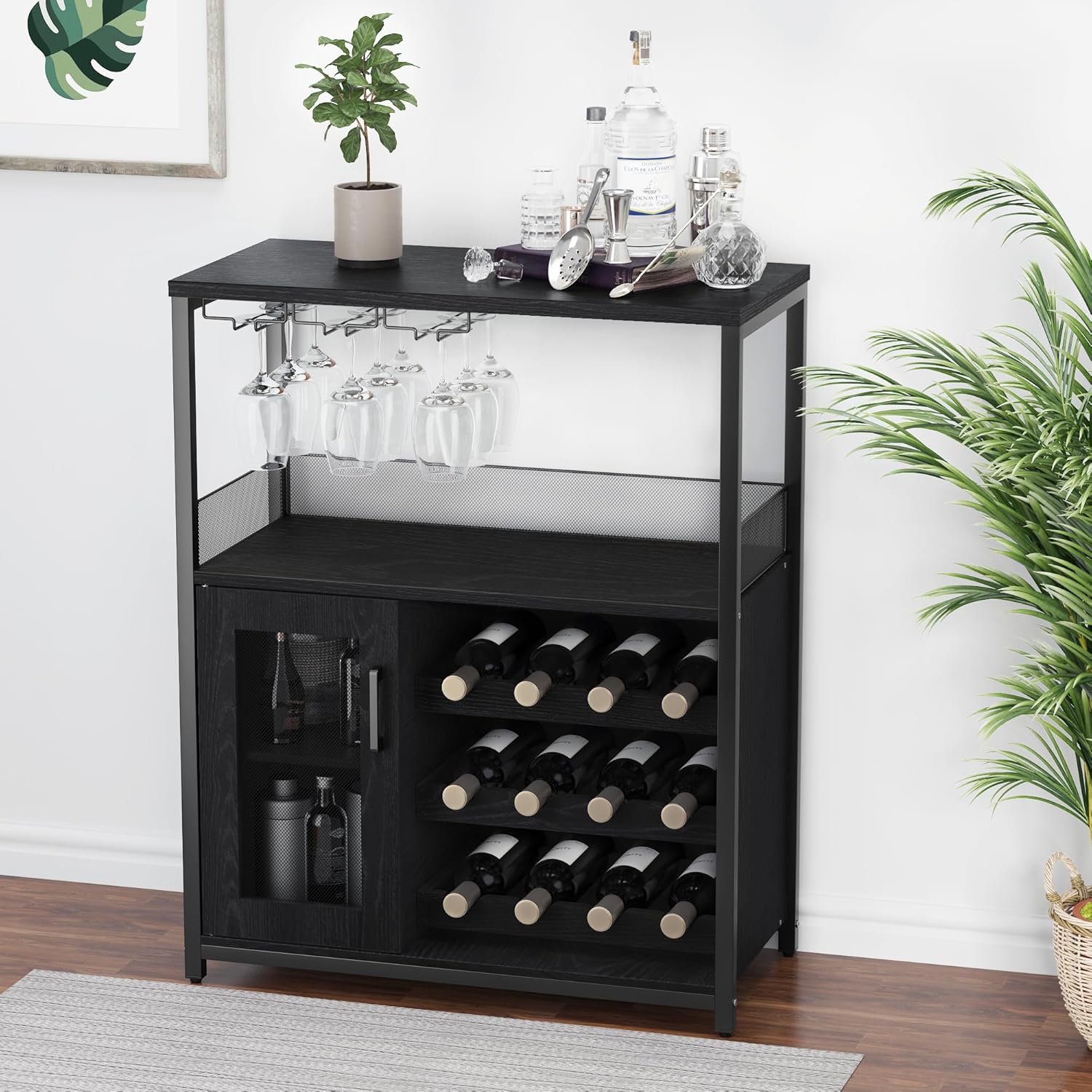IDEALHOUSE 3-Tier Wine Bar Cabinet with Detachable Wine Rack and Storage Space, Buffet Cabinet with Glass Holder and Mesh Door, for Kitchen, Living Room and Bar (Rustic Brown)