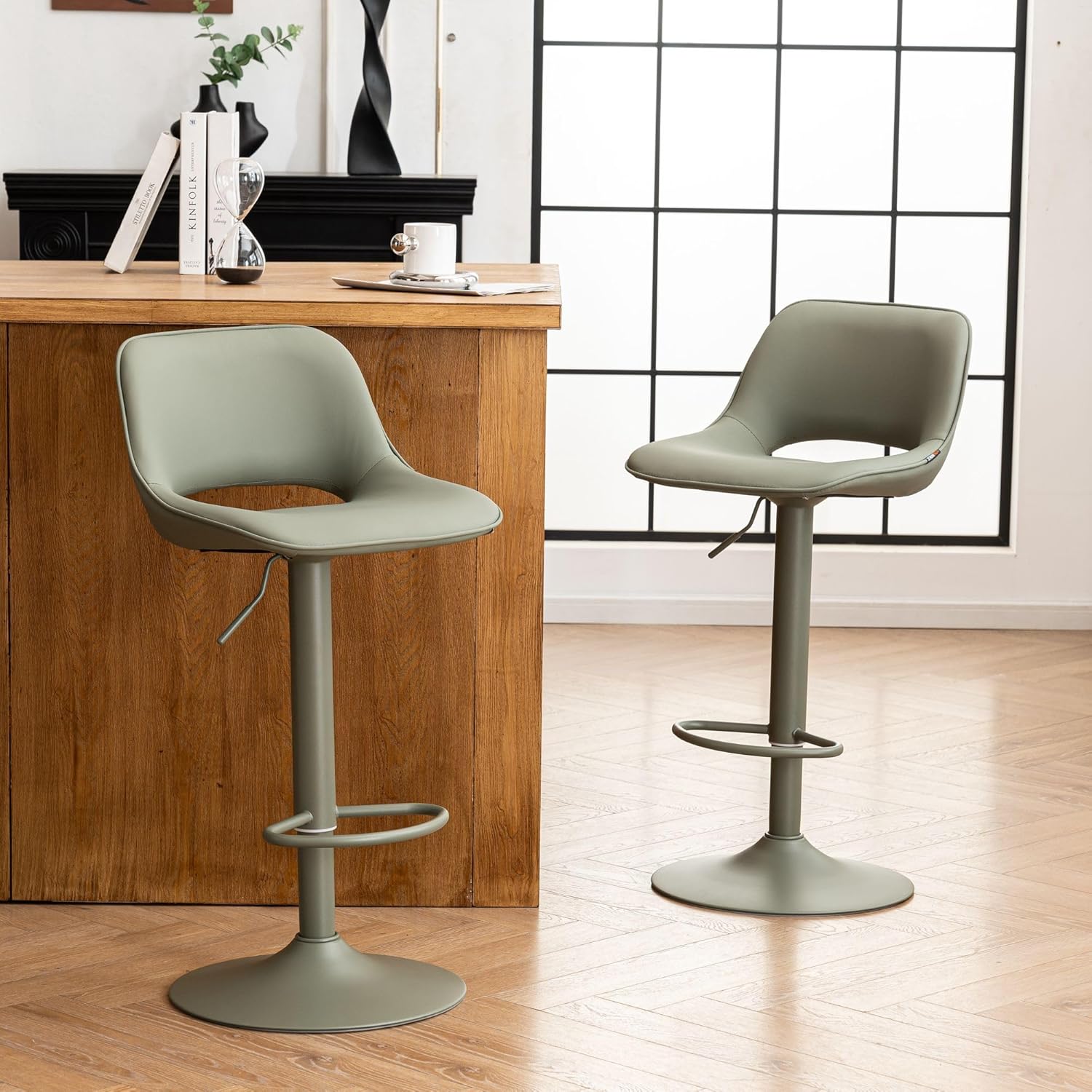 YOUNIKE Bar Stools Set of 2 Modern Swivel Barstools, Adjustable Counter Height Bar Stools Faux Leather Upholstered Counter Stools with Hollow Back for Kitchen Island, Greyish Green