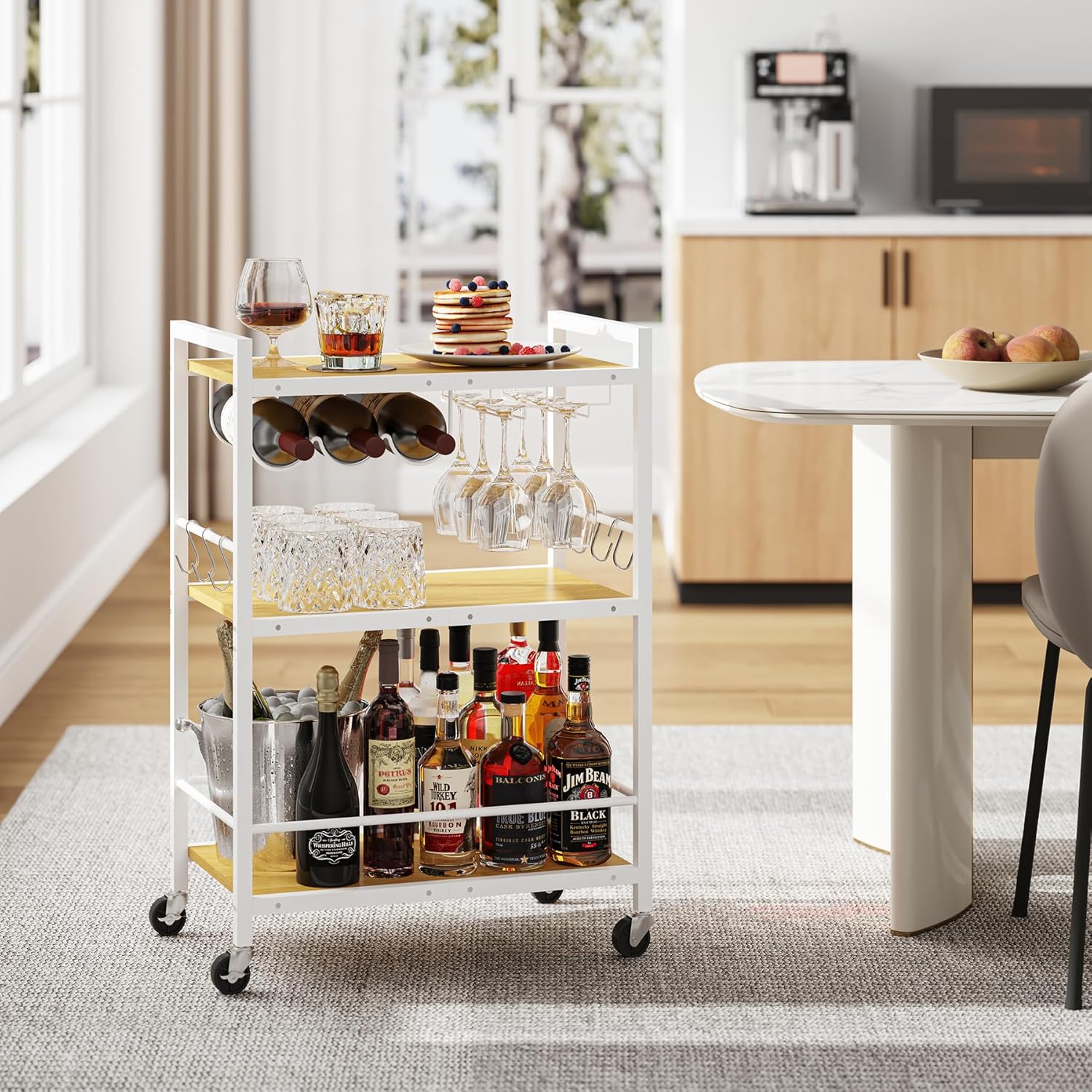 TUTOTAK Bar Cart, Serving Cart for Home, Microwave Cart, Drink Cart, Mobile Kitchen Shelf with Wine Rack and Glass Holder, Rolling Beverage Cart BC01BB030
