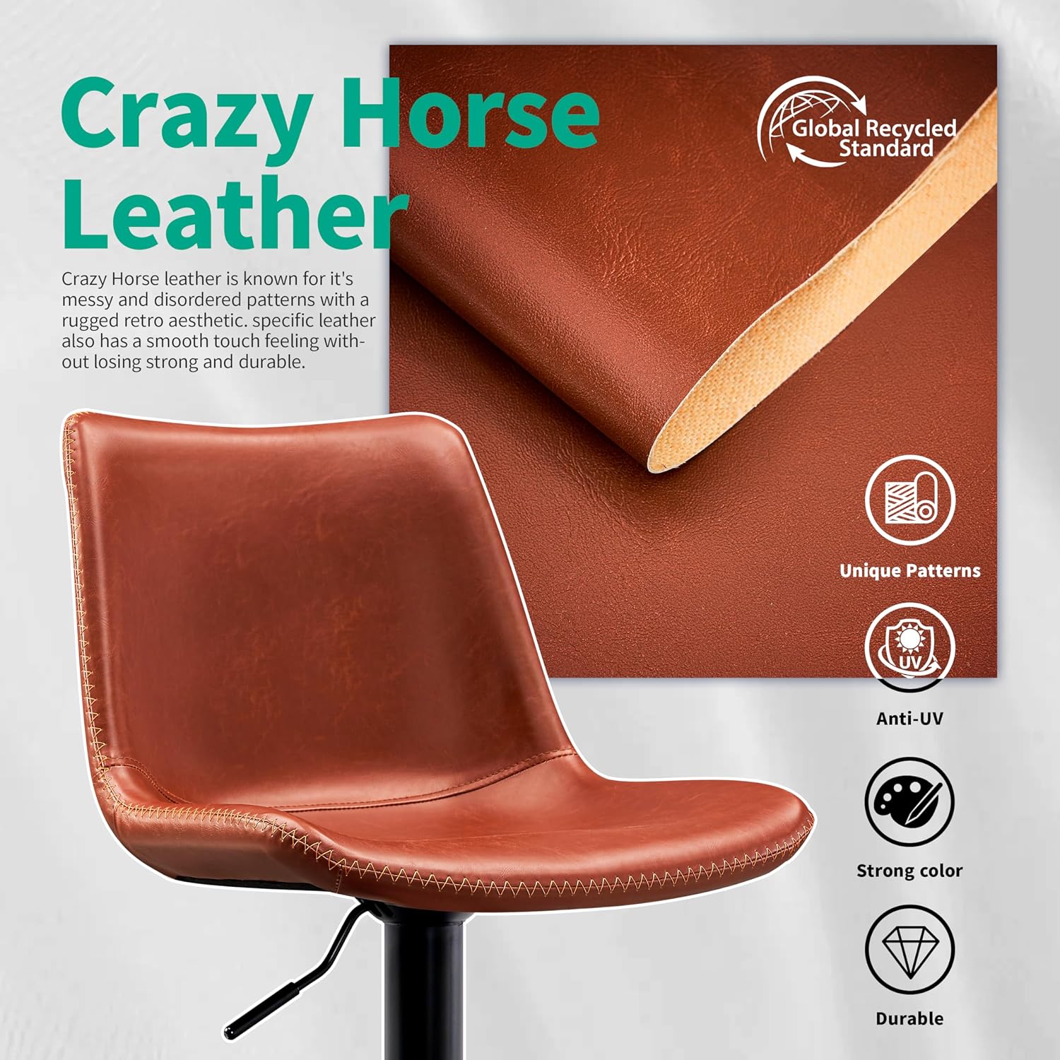 Vintage Bar Stool Height Adjustable Crazy Horse Leather Bar Chair with Wide Seat and Base Bistro Stool, Ergonomic Counter Height Stool with Back for Kitchen Dining Bistro Pubx Set of 2 Brown