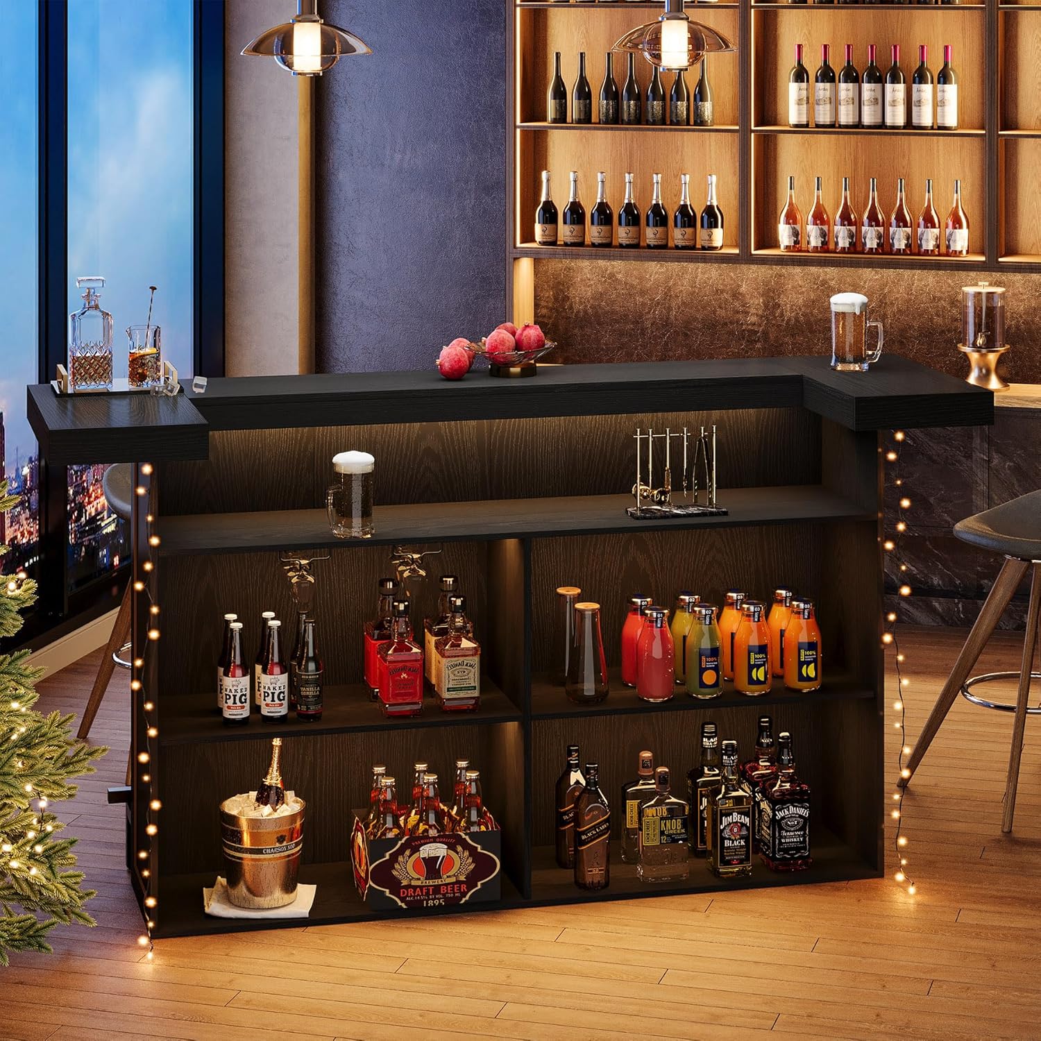 Tribesigns 4-Tier Bar Table, 70.9-Inch Large Wooden Home Bar Unit with Wine Glass Holder and Black Footrest, Pub Table with Storage Shelves for Dining Room, Living Room, Black