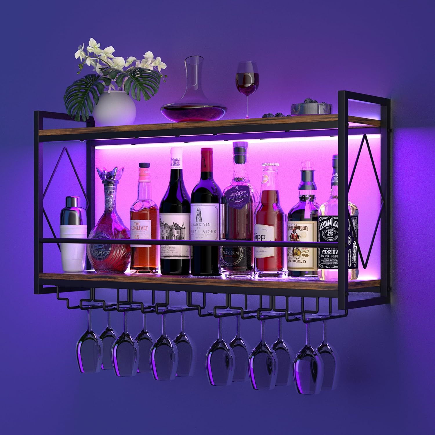 Nidouillet Wall Mounted Wine Rack with LED Light, 31.5" Bar Liquor Shelves with Glass Holder, Metal Hanging Bar Shelves Wine Storage Rack Display for Kitchen Home Bar Dining Room Living Room