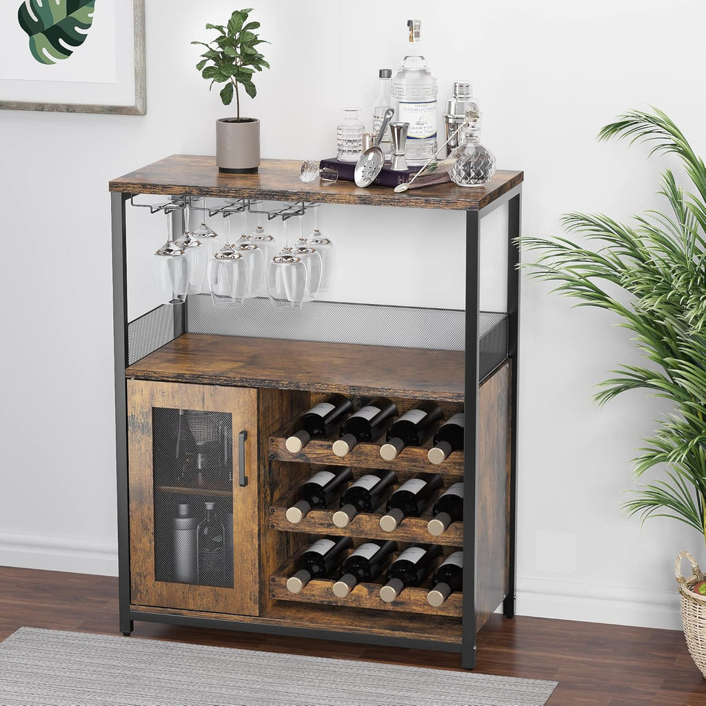 IDEALHOUSE 3-Tier Wine Bar Cabinet with Detachable Wine Rack and Storage Space, Buffet Cabinet with Glass Holder and Mesh Door, for Kitchen, Living Room and Bar (Rustic Brown)