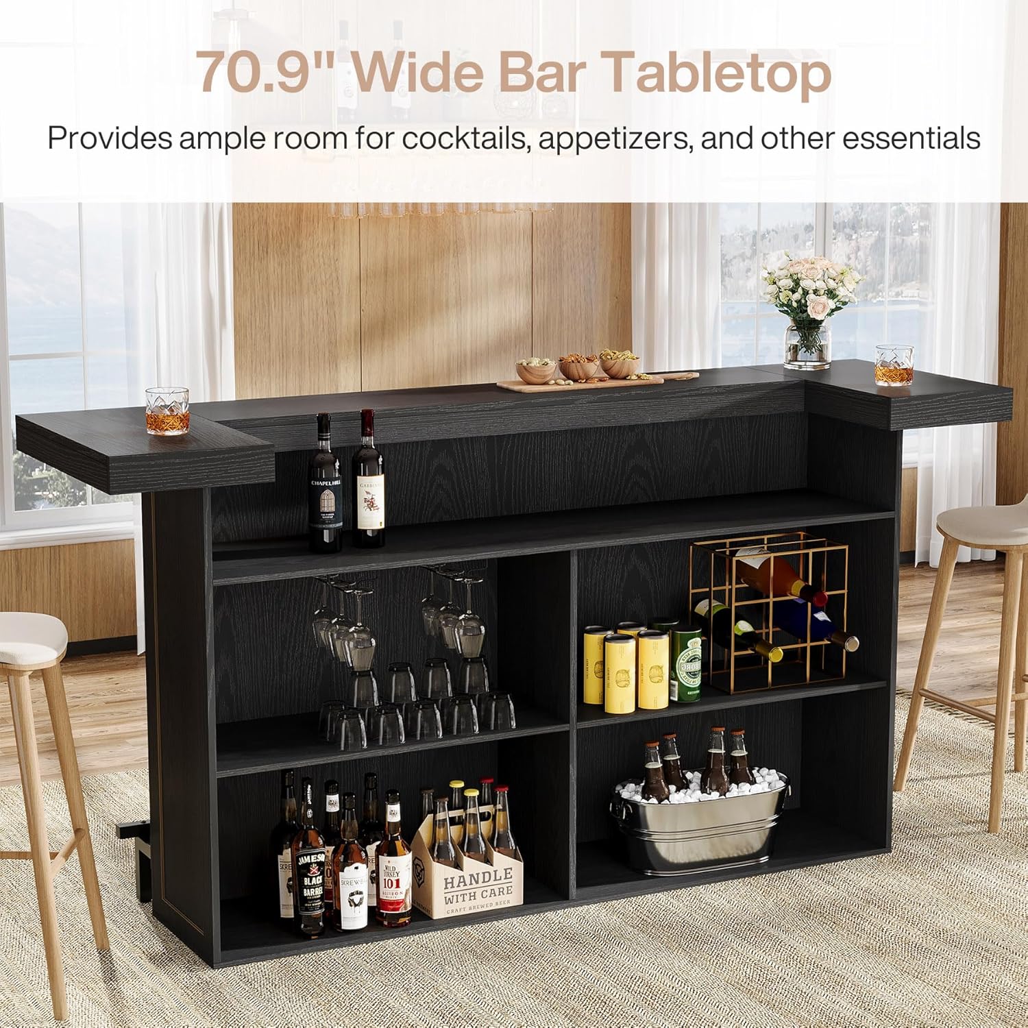 Tribesigns 4-Tier Bar Table, 70.9-Inch Large Wooden Home Bar Unit with Wine Glass Holder and Black Footrest, Pub Table with Storage Shelves for Dining Room, Living Room, Black